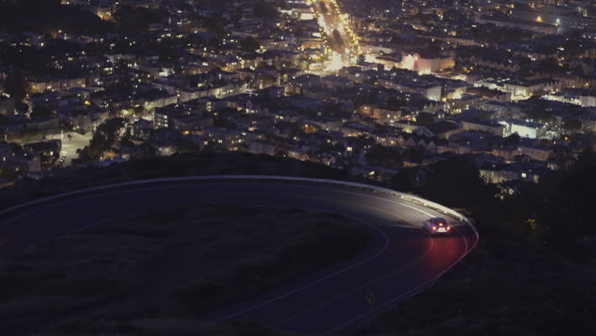 Overview of Downtown San Francisco from Twin Peaks at Night, Twilight - handheld Wide