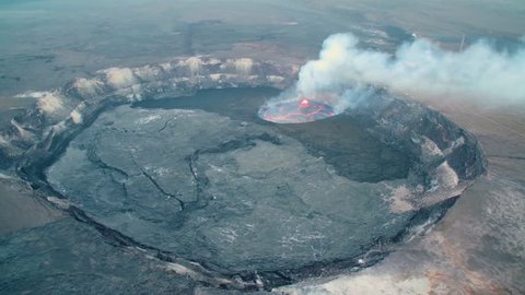 CIRCA 2018 - Amazing aerial shot over the Summit Vent Lava lake on Kilauea volcano erupting, Hawaii.