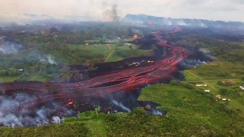 CIRCA 2018 - Excellent helicopter aerial of the eruption of the Kilauea volcano.