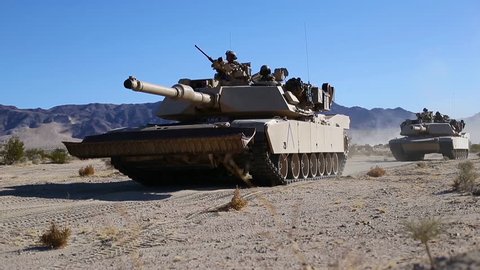 CIRCA 2017 - US Marine tanks roll out in the California desert for Exercise Steel Knight.