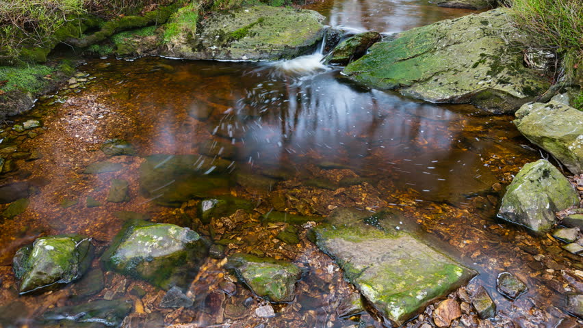 Timelapse sequence of a small waterfall and lake of the mountain creek Tro Maret in the Ardennes, Belgium with bubbles shooting around in 4K. The water is brown due to the high amount of peat.