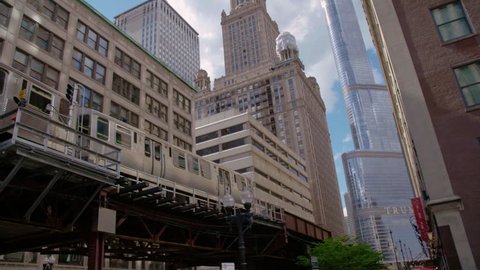 CHICAGO, USA - JUNE 25 2017 The L train moving through Chicago, in slow motion