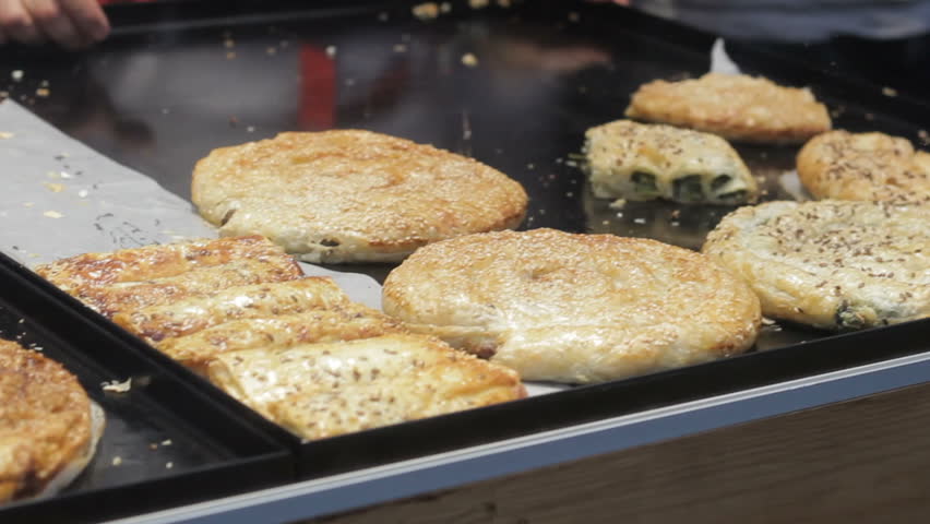 Vegan, vegeterian pies sell on street market, Tasty, delicious bakery, tareaway