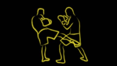 Two kickboxing fighters fighting fire neon glowing cartoon animation with alpha matte mask