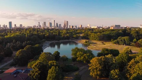 Pola Mokotowskie Warsaw Park with lake and city aerial view