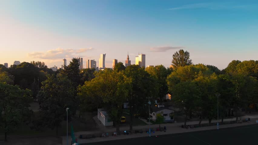 Pola Mokotowskie Warsaw Park with lake and city aerial view Royalty-Free Stock Footage #1013432258