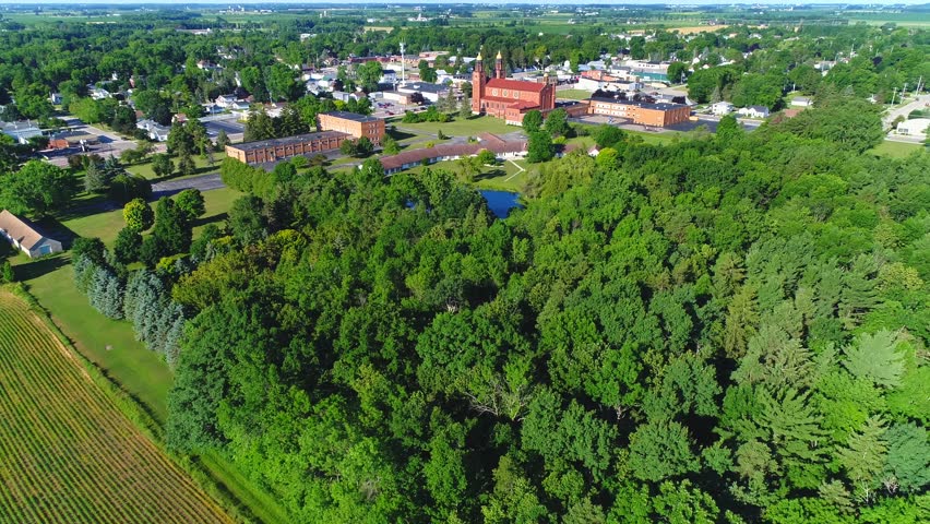 Scenic small town America, Pulaski, Wisconsin, aerial view.
