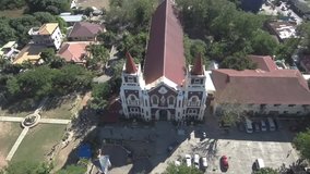 Aerial drone video of historic, old spanish catholic church of Vigan, Philippines, Southeast Asia, the Bantay Church.