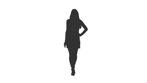 Silhouette of cheerful girl in mini skirt walks with hands on hips, Front view, Full HD footage with alpha transparency channel isolated on white background