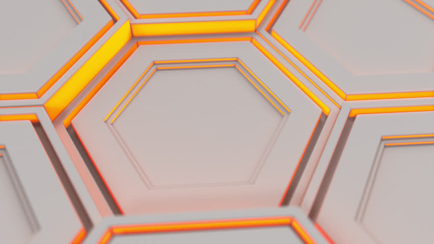 Abstract technological background made of white hexagons with orange glow. Wall of hexagons. 3D render illustration