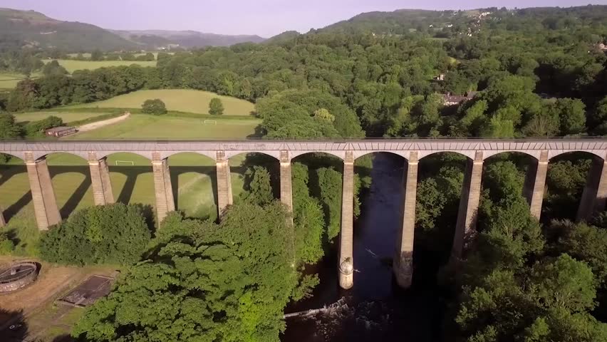 Aerial footage of World Famous Pontcysyllte Aqueduct, taking 10 years to build and completed in 1805. It is now the highest navigable aqueduct in the world and mainly used by holiday makers.