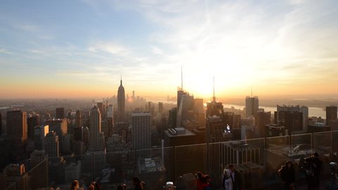 Time lapse of sunset over New York City from the Rockefeller Center in Manhattan, USA