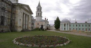 4K summer day video of churches and cathedrals in Borisoglebsky Monastery in small vintage town Torzhok in Tver Oblast, half way between Moscow and Saint Petersburg, in Russia