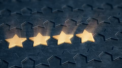 Five golden stars appear on the black relief surface.
The concept of company reputation and business excellence. 4K UHD FullHD. Loopable, 3D rendering.