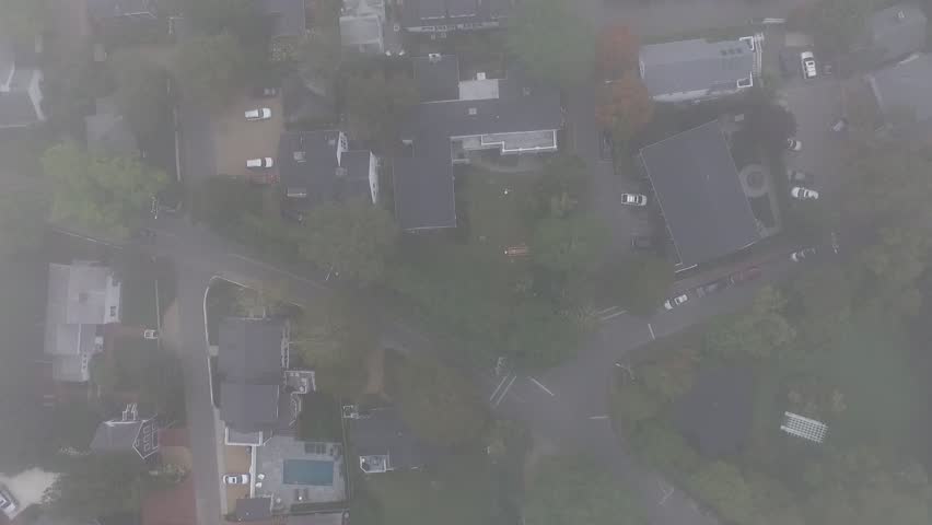 Aerial shot of a foggy day in Edgartown, Martha