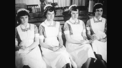 1950s: UNITED STATES: finger points to powder. Bottle of iodine. Student nurses sit in lesson. Man detects radioactivity with Geiger counter