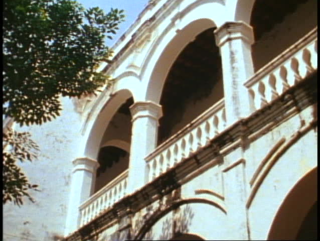 CARTAGENA, 1982, Columbia, close up balcony of old building, pan right