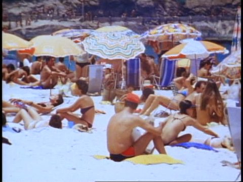 BRAZIL, 1982, Rio de Janeiro, Copacabana beach, medium shot crowd