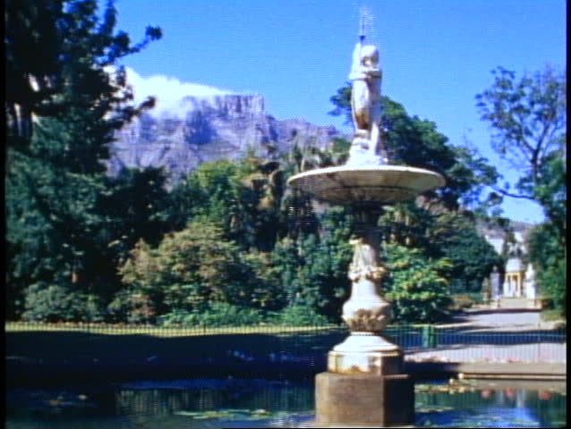 CAPE TOWN, SOUTH AFRICA, 1982, Table Mountain, clouds atop, fountain, park