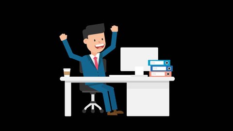 Animated corporate white man dressed in a blue suit with a red tie is being extremely happy sitting at his desk celebrating some sort of success or good news and raising his hands up to express this emotion