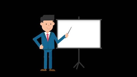 Animated corporate white man dressed in a blue suit with a red tie is standing in front of an empty white projector screen while giving a presentation and explaining things from the screen