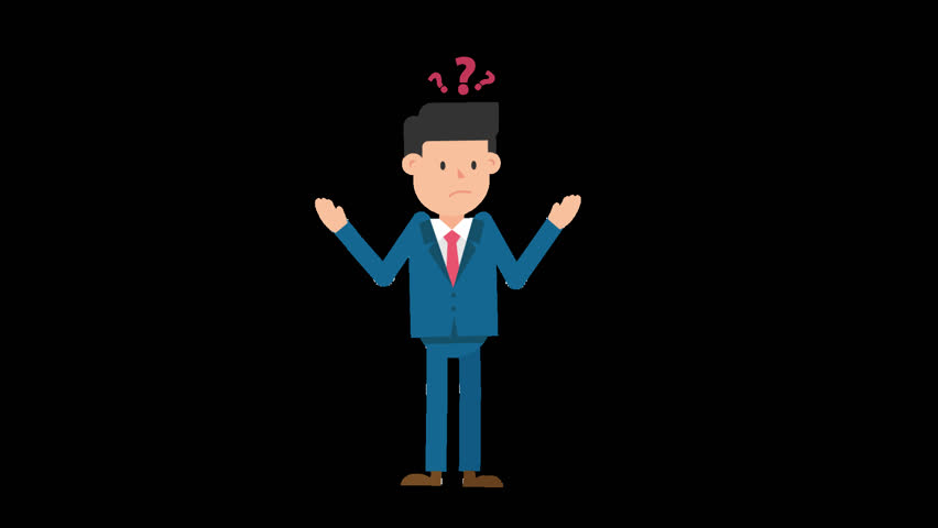 Animated corporate white man dressed in a blue suit with a red tie is standing up being confused, raising his hands and shoulder to express this, while red questions marks pop out of his head | Shutterstock HD Video #1013504180