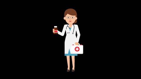 Animated female doctor in a white coat with a stethoscope around her neck is holding a first aid kit in one hand while holding and showing a medicine bottle in the other hand