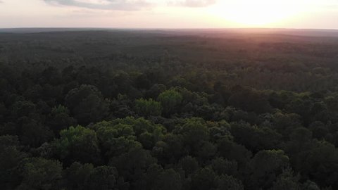Flying over the pine, hill country of north Louisiana showing the sunset in the distance