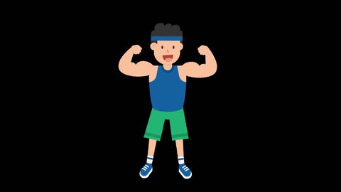 Animated man wearing a blue t-shirt, green shorts and a blue headband is flexing his biceps and showing off his muscles