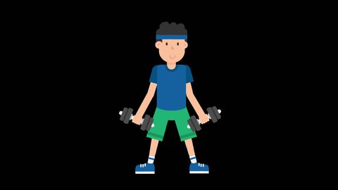 Animated man wearing a blue t-shirt, green shorts and a blue headband is working out using a pair of dumbbells and doing biceps curls