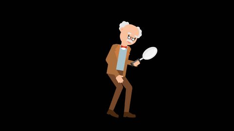 Animated older professor with gray hair, wearing a brown suit slowly walking and looking on the floor through a magnifying glass, like looking for clues or footprints or something else