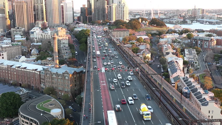 View from the Sydney Harbour Bridge Pylon Lookout, southwards across the Western Distributor Motorway and Sydney skyline.