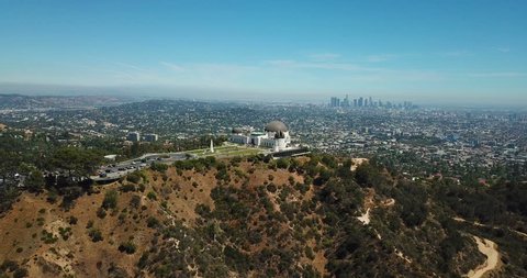 Aerial view of Griffith Observatory and downtown of Los Angeles, California