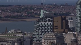 Aerial view of Liverpool Merseyside with main city and terrace housing 4K