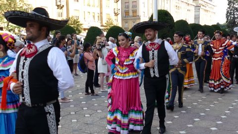 ROMANIA, TIMISOARA - JULY 5, 2018: Group of dancers from Mexico in traditional costume present at the international folk festival INTERNATIONAL FESTIVAL OF HEARTS organized by the City Hall Timisoara.
