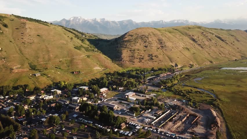 Jackson, Wyoming sunrise aerial town landscape views