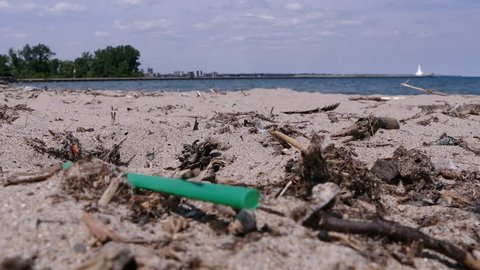 Plastic drinking straws litter the beach by the water
