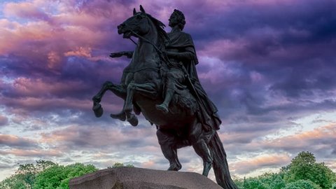 Statue of Peter the Great in St Petersburg Russia with a ramatic sky in a parallax or cinemagraph animation and lightning