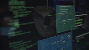 Young hacker with hoodie connecting with his computer and committing cyber crimes, hacking and malware concept, video montage