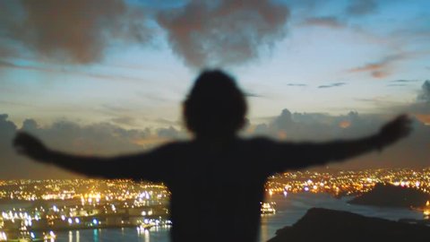 In this cinematic shot you can see silhouette of human with hands raised in the air and beautiful sunset panorama in the horizon. Willemstad, Curacao