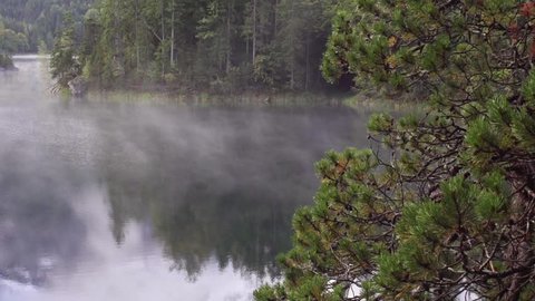 Fog drifts over a crystalline lake in an alpine forest, right to left pan