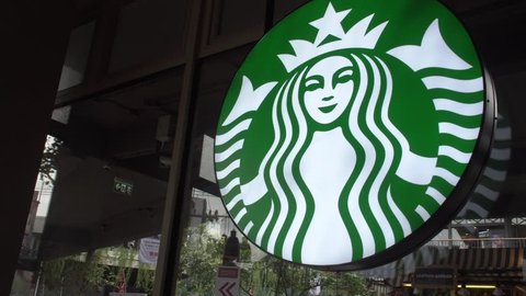 SAMUI, THAILAND - MAY 31, 2018: Starbucks Emblem in Coffee Shop