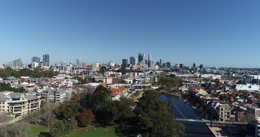 Drove aerial views over East Perth and the cud area of Perth Western Australia