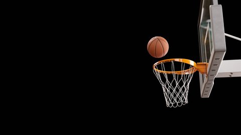 Beautiful Professional Throw in a Basketball Hoop Slow Motion. Ball Flying Spinning into Basket Net on Black Background. Sport Concept. 3d Animation 4k Ultra HD 3840x2160.
