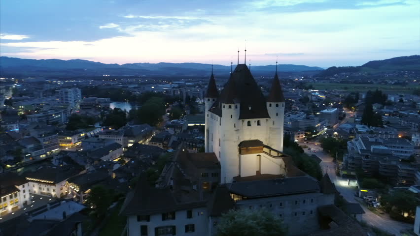 Aerial Pan Around Thun Castle Switzerland