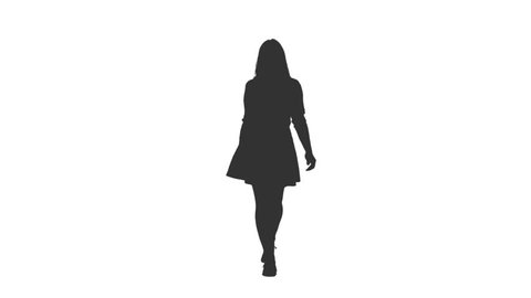 Silhouette of young attractive female walking in mini skirt, Front view, Full HD footage with alpha transparency channel isolated on white background