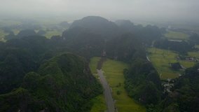 Panorama view of the beautiful rice field seen from above at Tam Coc, Ninh Binh Province, Vietnam.