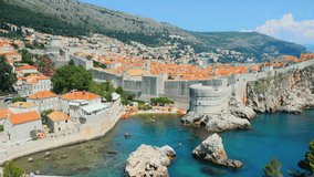 Aerial view at famous european travel destination city of Dubrovnik - Fort Bokar on a sunny day. Location place Croatia, South Dalmatia, Europe. Discover the beauty of earth. Shooting in 4K video.