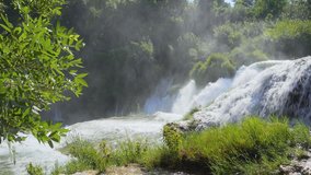 Skradinski buk the most unusual waterfall in Krka National Park. Location place Skradin resort (Lozovac), Croatia, Europe. Scenic footage of travel destination. Beauty of earth. Shooting in 4K video.