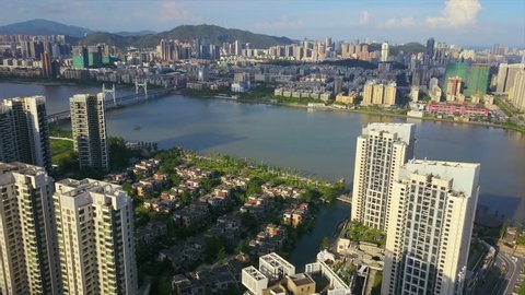 sunny day zhuhai cityscape river bay aerial panorama 4k china
